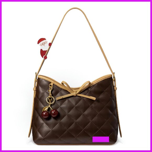 Soft Leather Hobo Handbag Quilted Crossbody Bucket Purse Elegant Chic